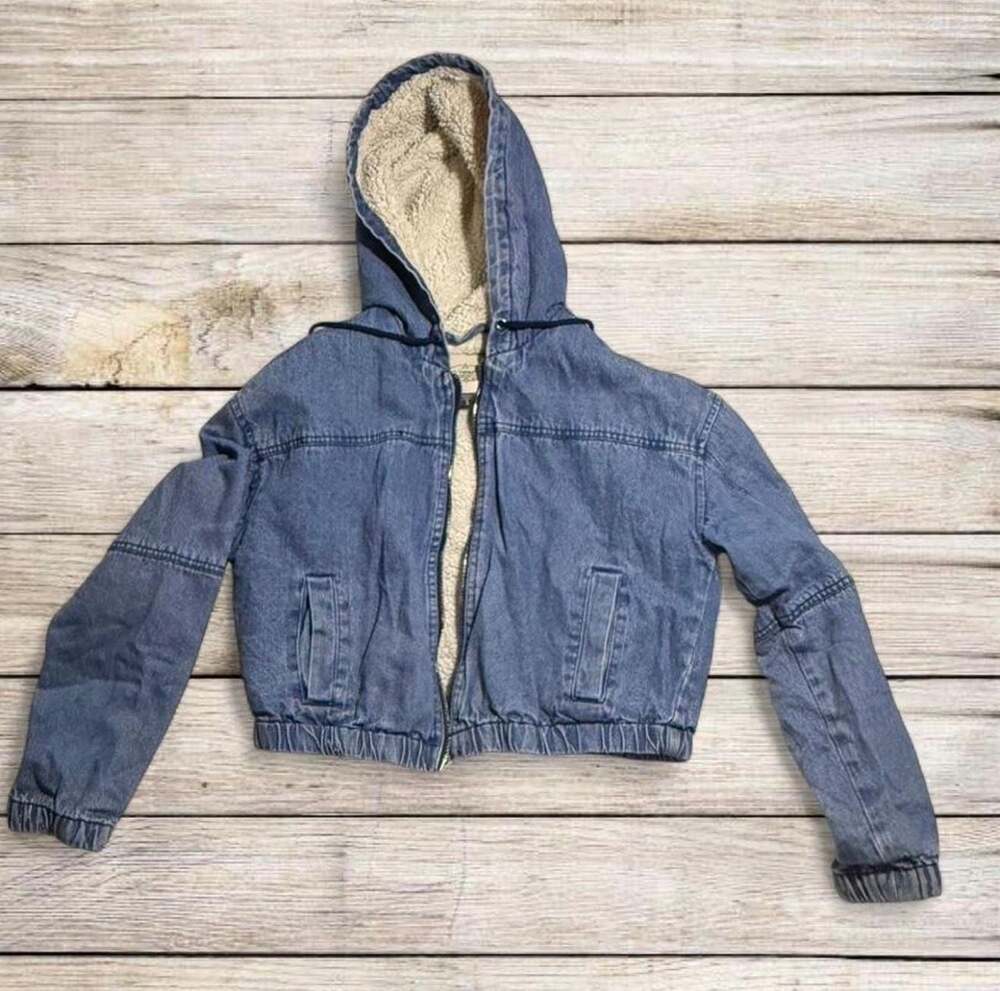 Ashley-Vintage Charm Sherpa Lined Hooded Denim Bomber Jacket